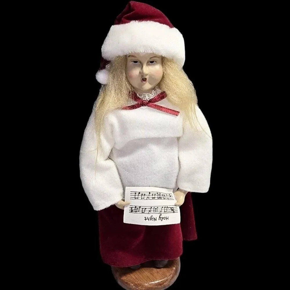 Vtg Old World Style Christmas Caroler Girl Figurine‎ Fabric and Wood Base